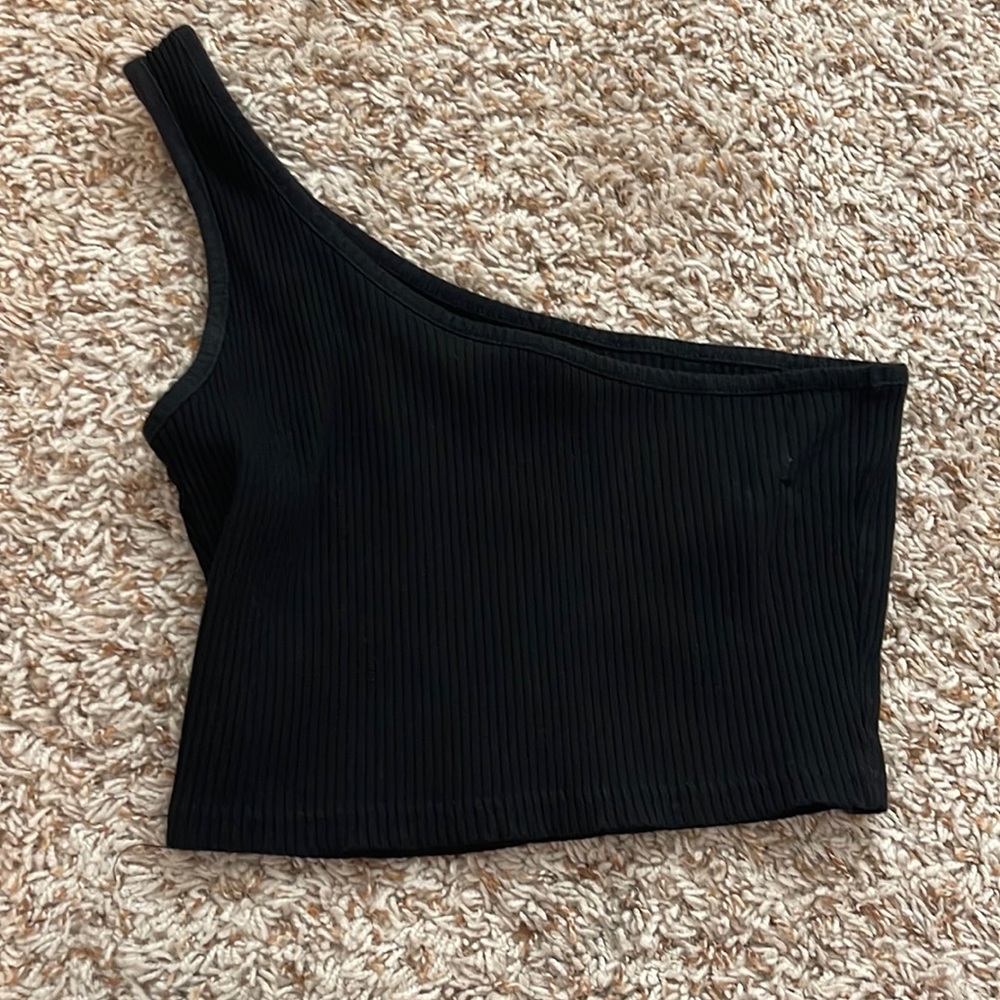 One shoulder black top